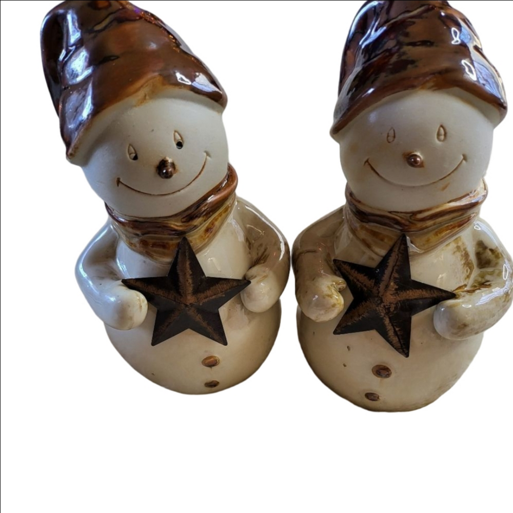 Vintage Ceramic Snowmen Holding Stars Set of Two